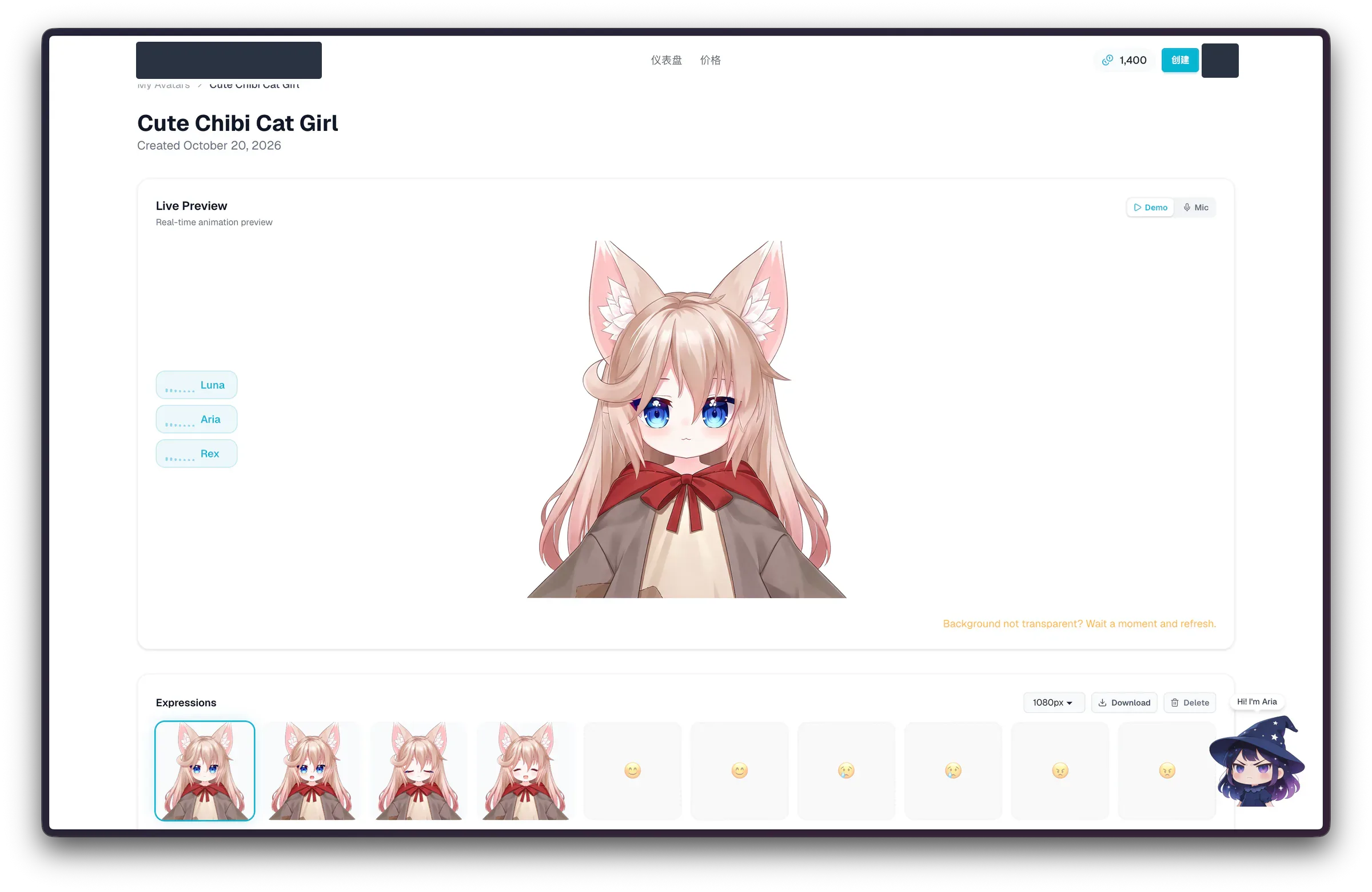 Cute Chibi Cat Girl in the 2D avatar solution Live Preview with Demo selected, a Mic option, four generated expression thumbnails, and the export selector set to 1080px
