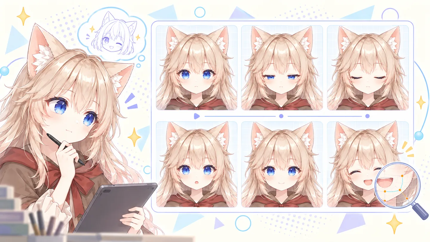 An artist reviewing open, partially closed, and closed eyes alongside mouth shapes and a combined smiling expression.
