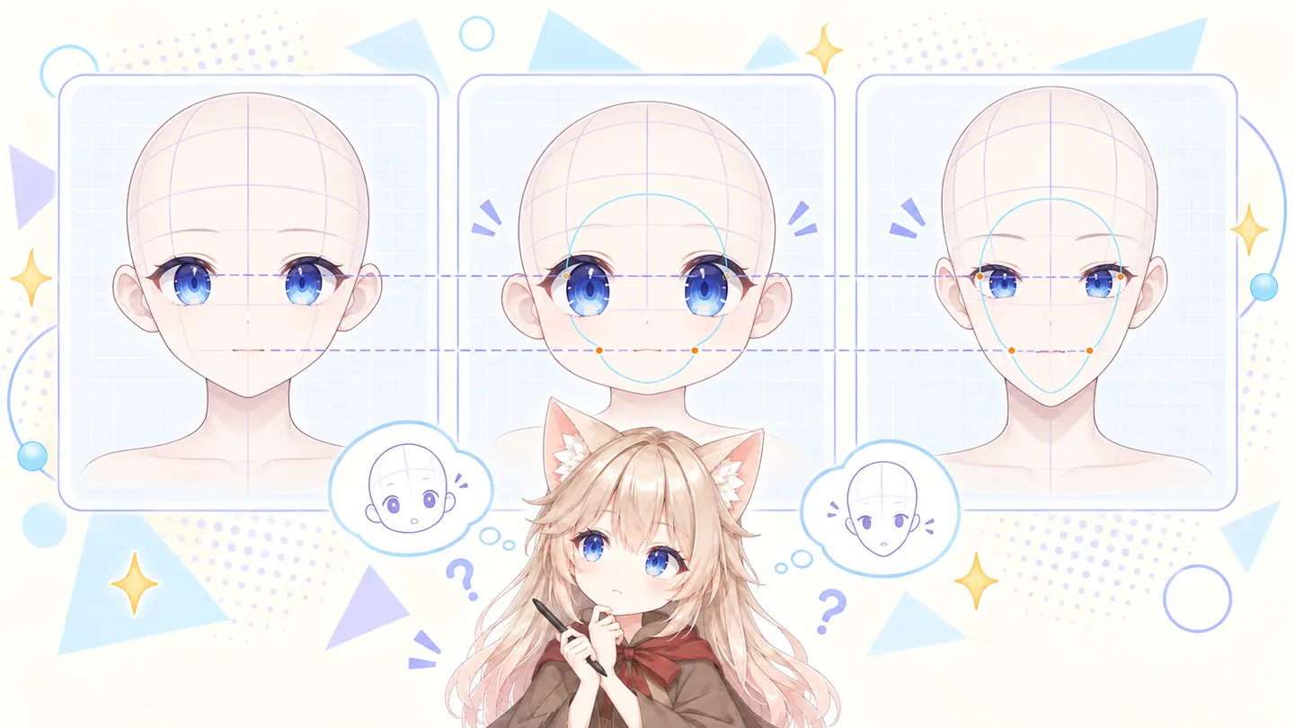 Three face studies with different eye and jaw proportions, overlaid with template guides.