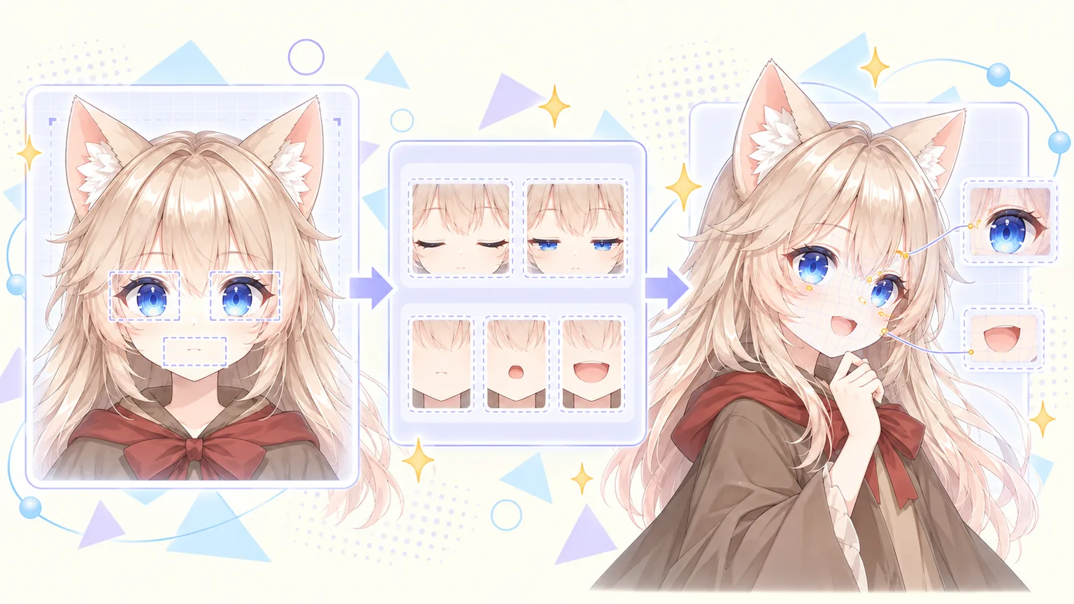 A neutral face reference, generated eye and mouth artwork, and the artwork projected onto a turning avatar.