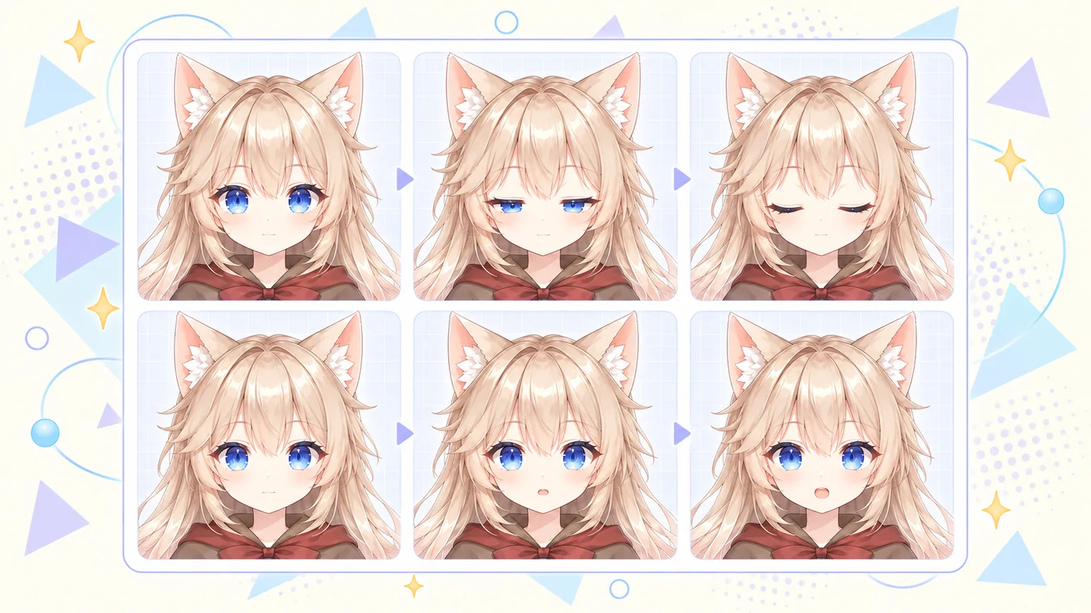 Three blink stages above three mouth-opening stages, with consistent face alignment.