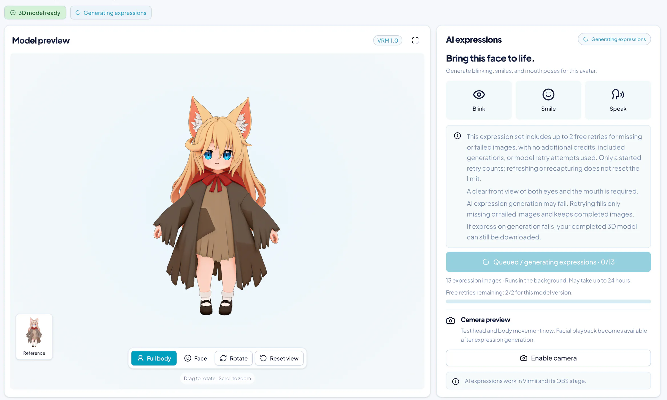 Virmii with its 3D model ready and AI expression generation queued at zero of thirteen images, with two free retries remaining