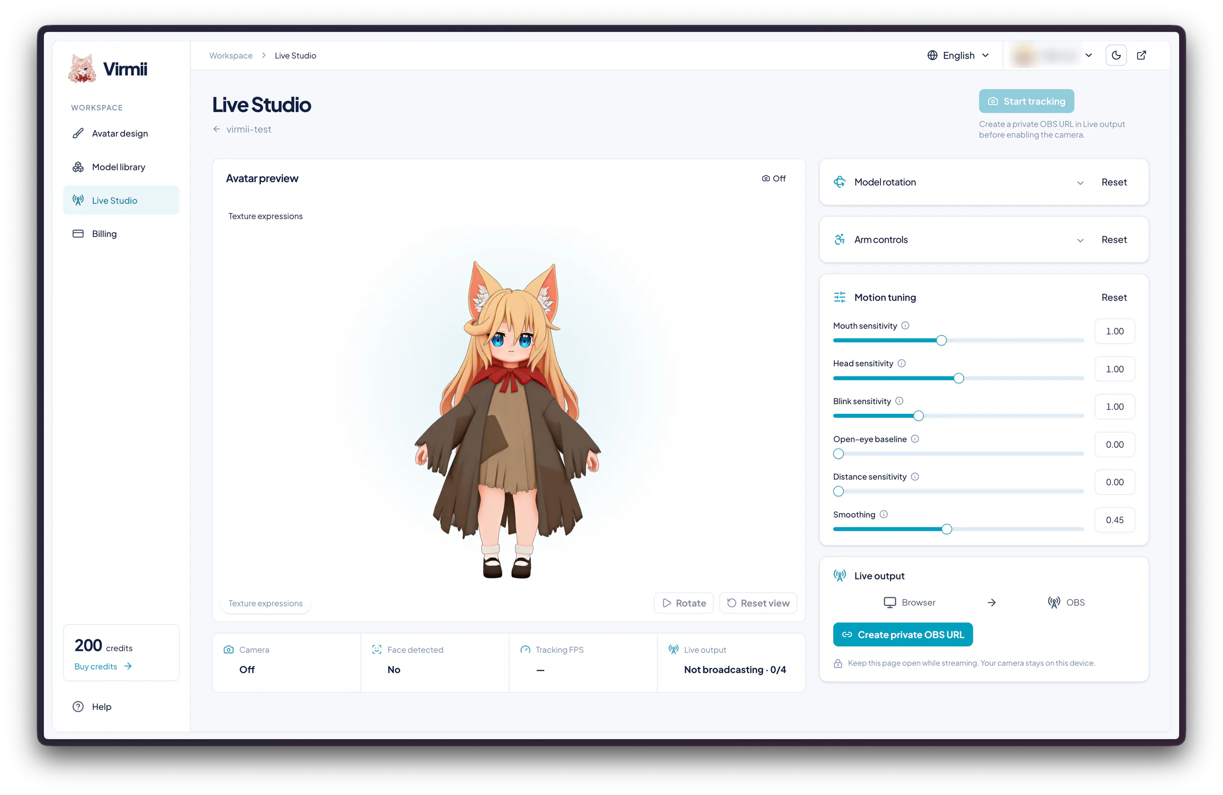 Virmii Live Studio before creating an OBS URL, showing the avatar preview, motion settings, and inactive camera and output statuses