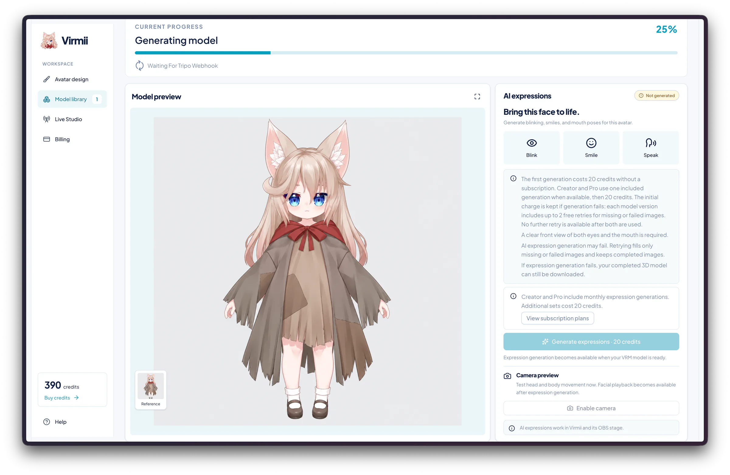 Virmii model generation detail view showing 25 percent progress, the reference illustration, and unavailable expression generation