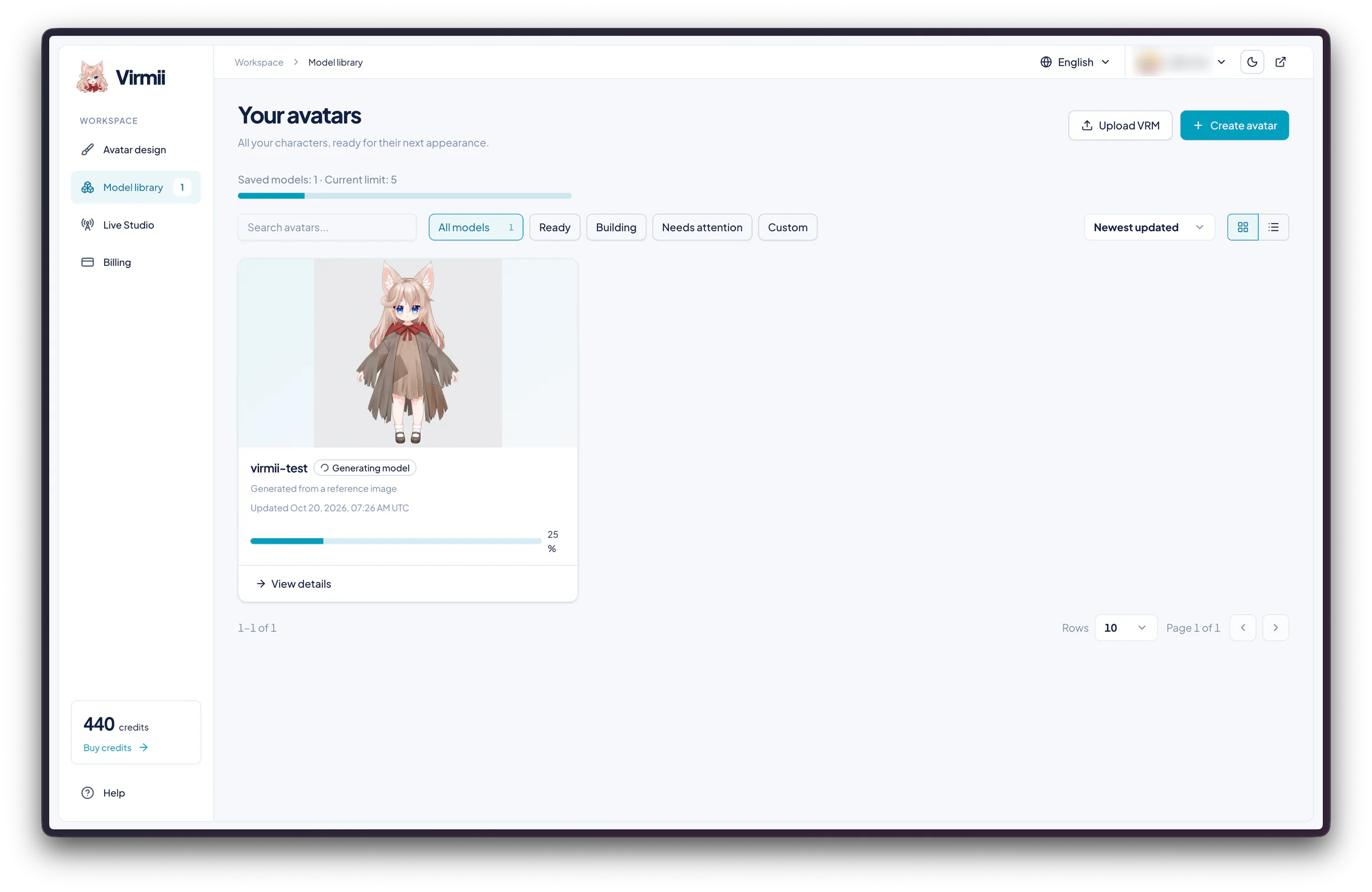 Virmii Model library showing a cat-girl model card with generation at 25 percent