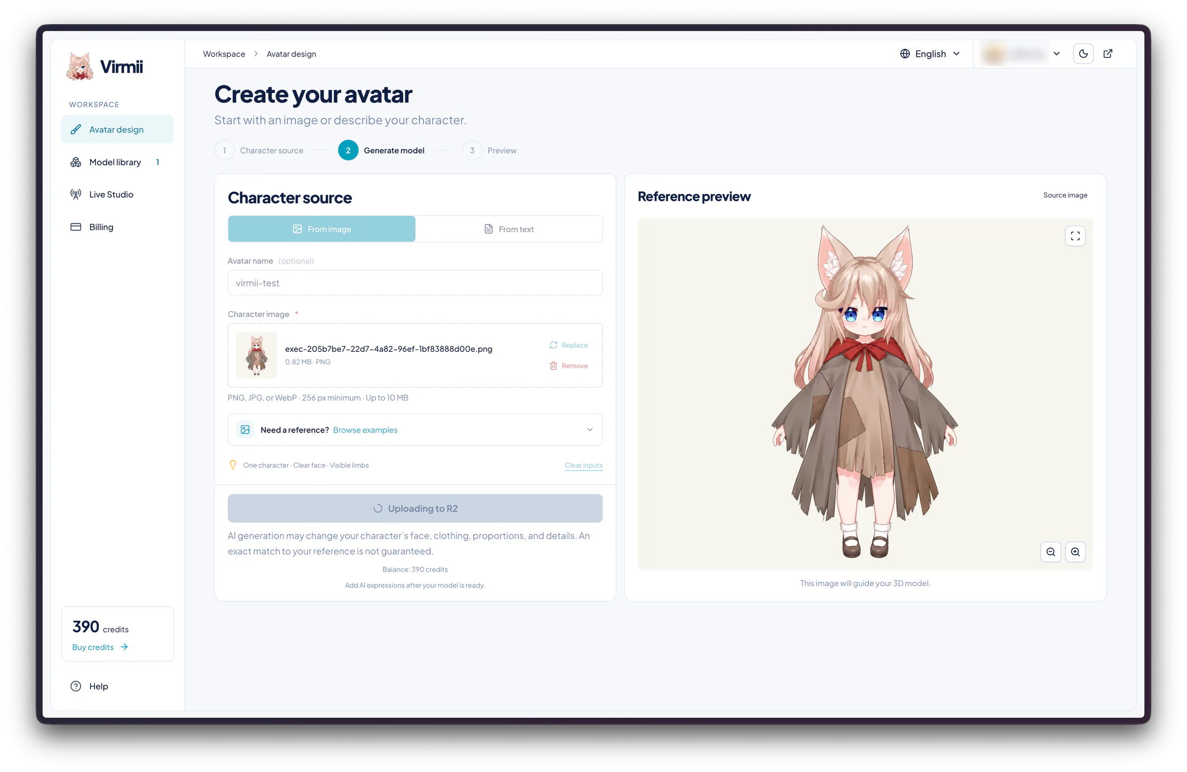 Virmii avatar creation with From image selected and a full-body cat-girl reference displayed beside the upload form