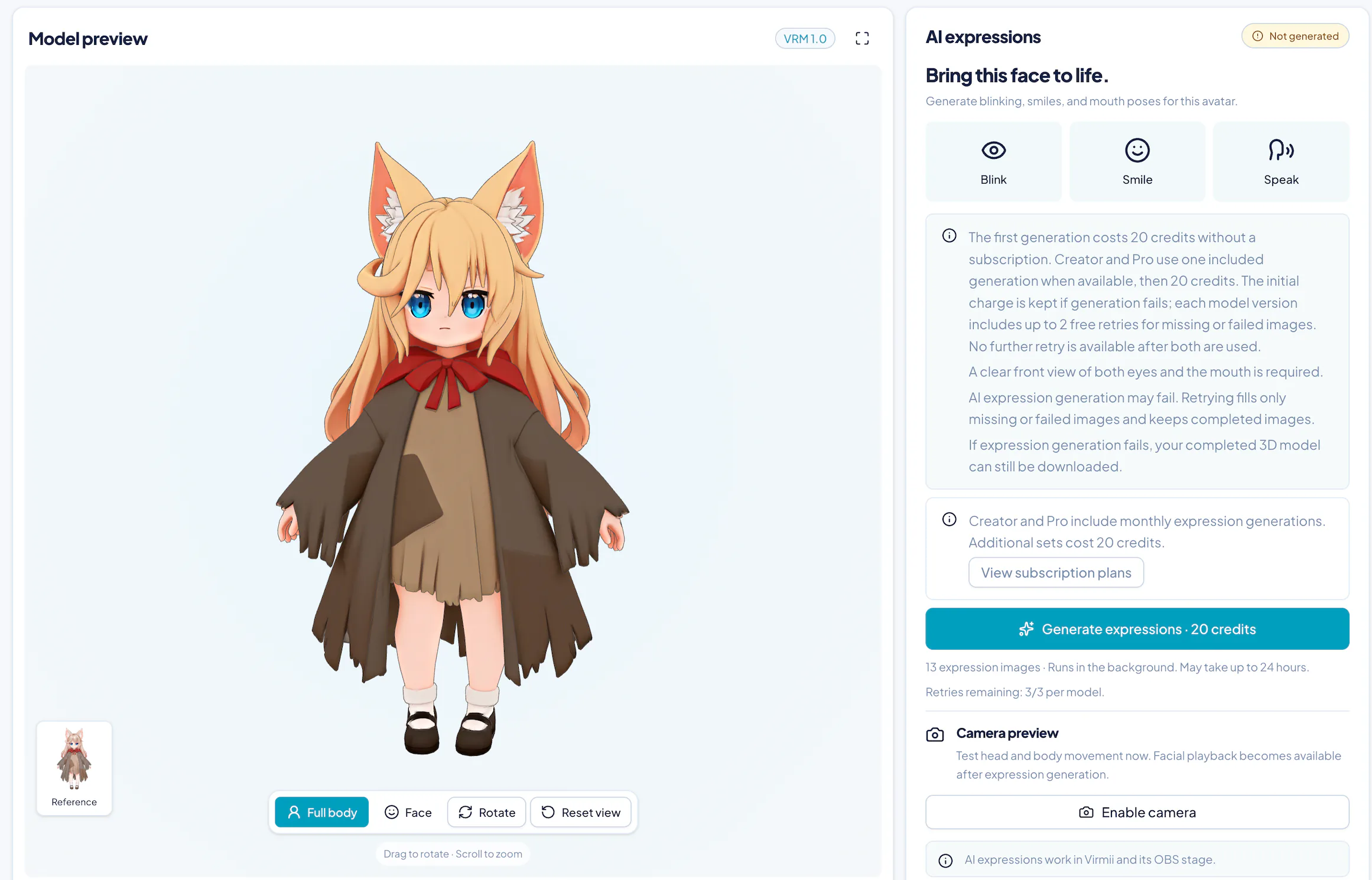 Virmii's generated full-body cat-girl model labeled VRM 1.0, with view controls and a separate 20-credit expression-generation action