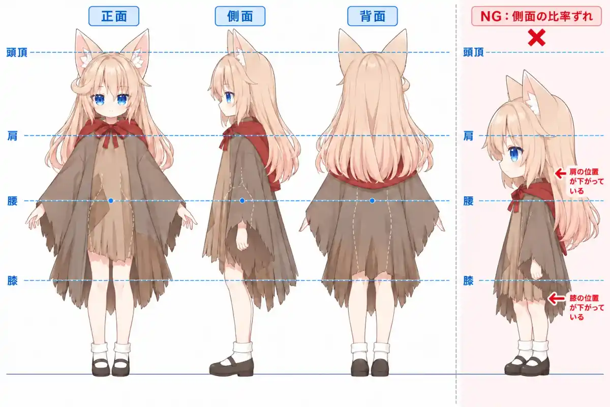 Virmiiの同一キャラクターを正面・側面・背面から描いた三面図。頭頂・肩・腰・膝の青い基準線と、脚が短く頭が大きい側面のNG例を比較しています。