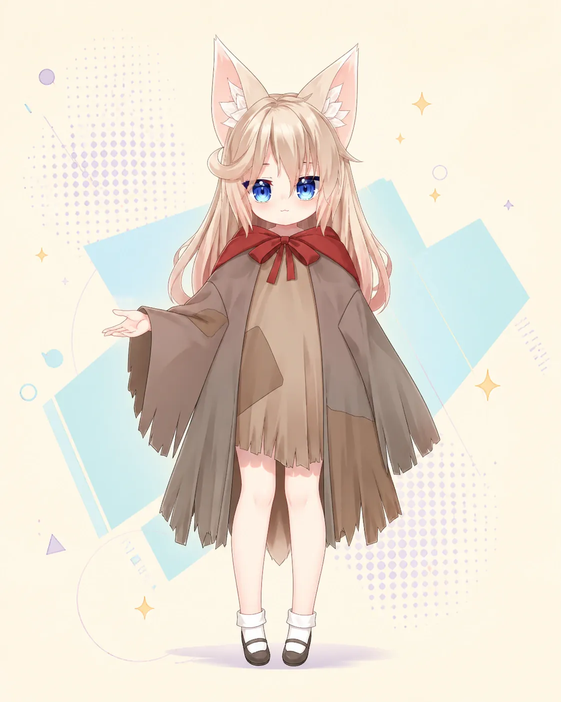 Full-body generated Virmii catgirl avatar with pink hair, blue eyes, and a brown cape