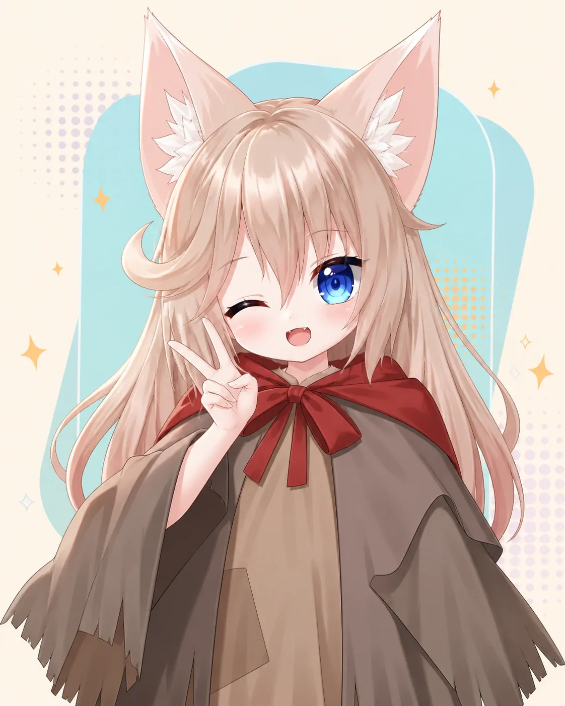 Cheerful blue-haired Virmii character welcoming the creator