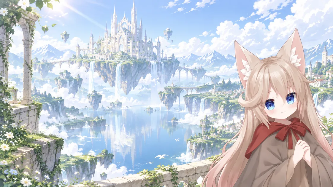Cat-eared avatar over a fantasy landscape in an OBS stream preview