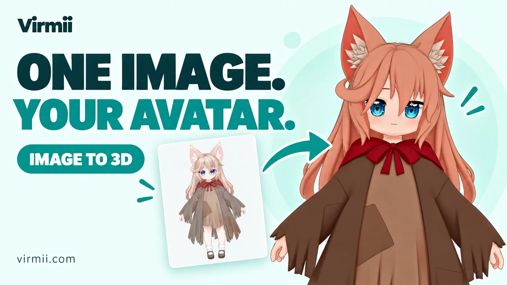 One image. Your avatar. Virmii image-to-3D demo with a fox-eared character.