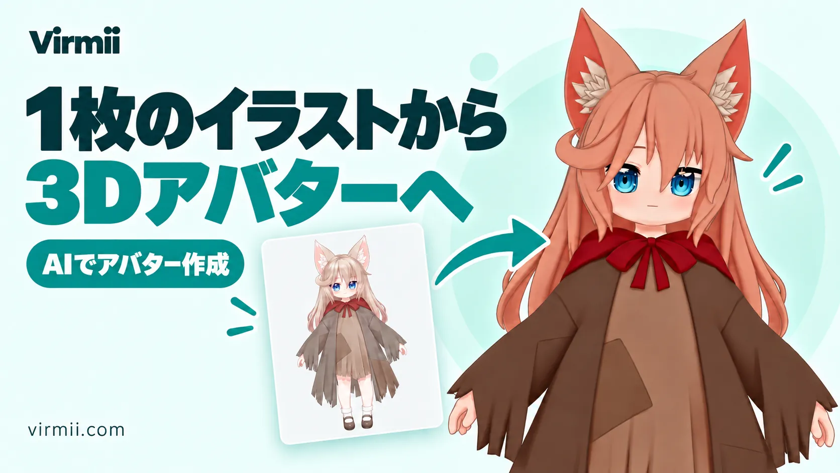 1枚のイラストから3Dアバターへ。キツネ耳のキャラクターを使ったVirmiiのデモ。