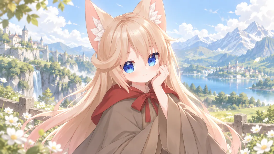 Cat-eared avatar over a fantasy landscape in an OBS stream preview